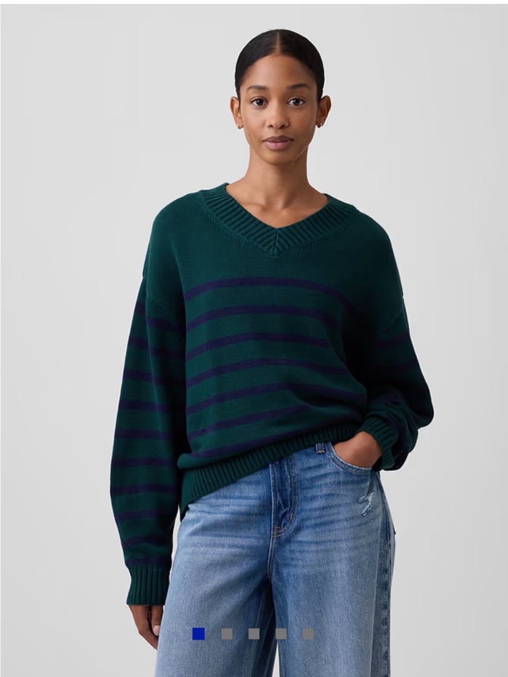 Gap Dark Green & Navy Striped Oversized V-Neck Sweater Size Medium
